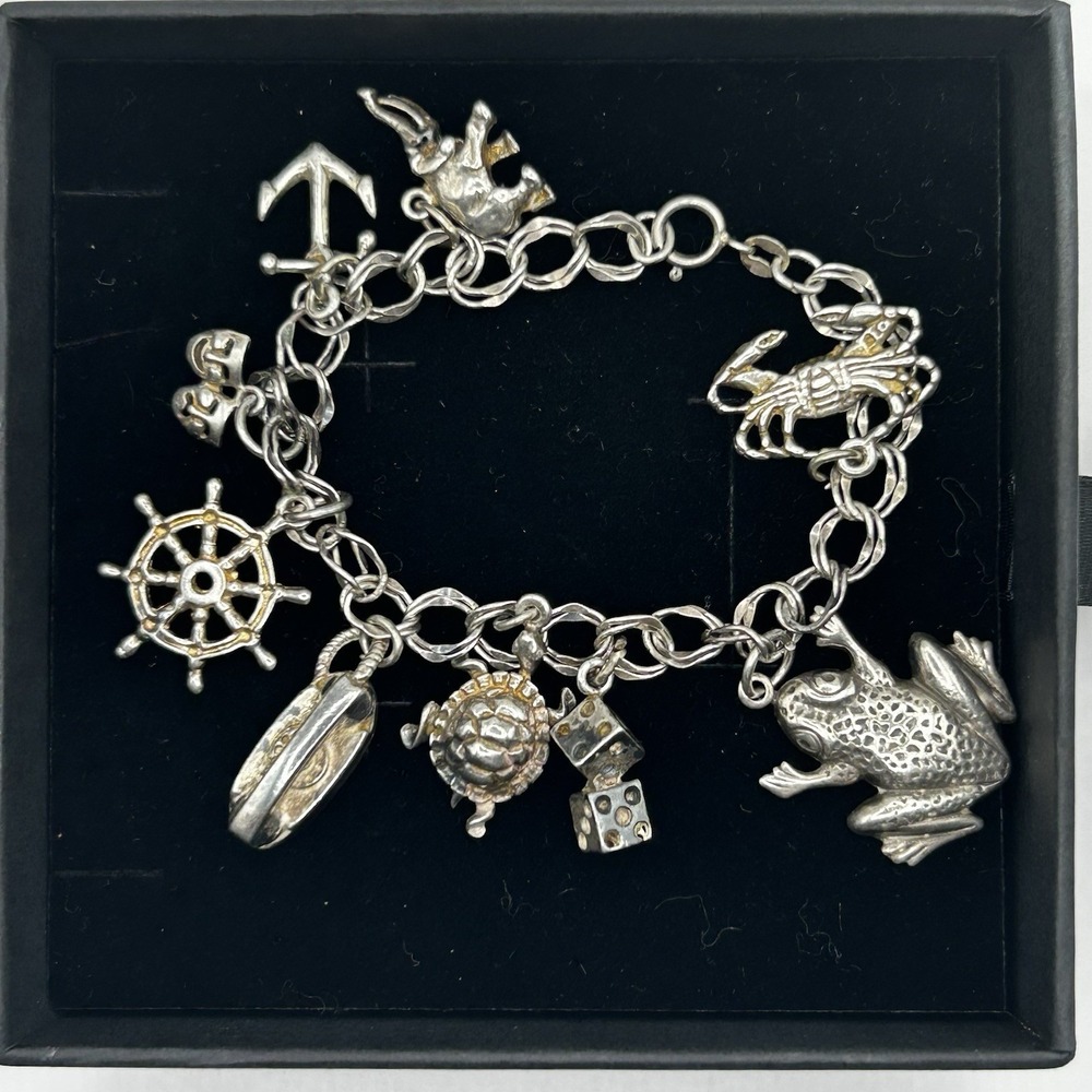 Sterling Silver Vintage Charm Bracelet Frog Turtle Dice Lobster Nautical Theme
